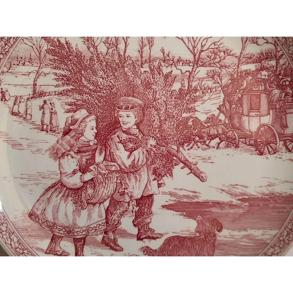 Spode Red White Victorian Christmas Plate #1 Gathering the Tree 8.25